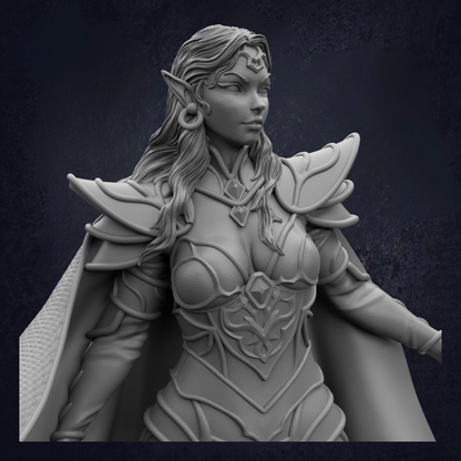 A detailed 3D rendering of a female fantasy character with long hair, wearing ornate armor and a flowing cape.