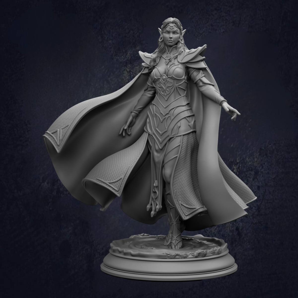 A detailed 3D rendering of a female fantasy character, likely a princess or warrior, standing on a pedestal and wearing ornate armor and a flowing cape.