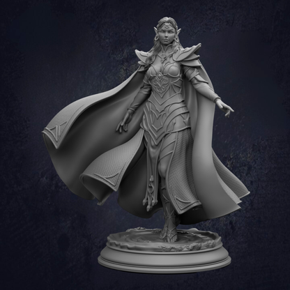 A detailed 3D rendering of a female fantasy character, likely a princess or warrior, standing on a pedestal and wearing ornate armor and a flowing cape.