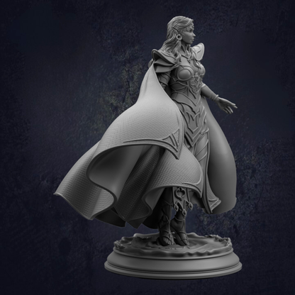 A detailed 3D model of a female warrior figure, standing on a pedestal and wearing a flowing cape.