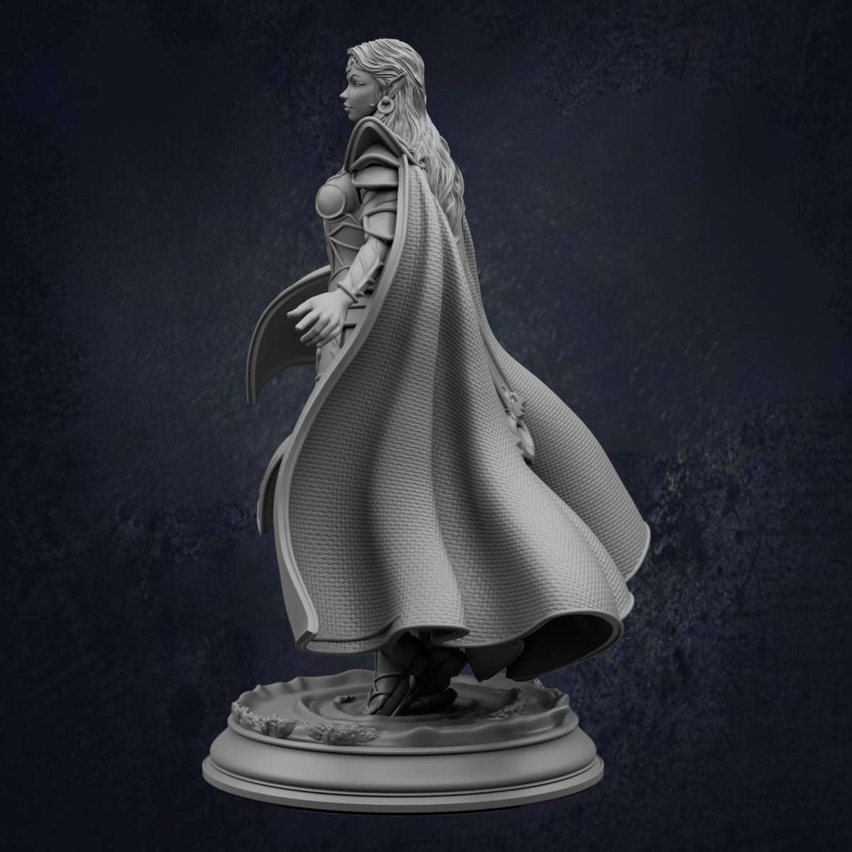 A statue of a woman with long hair and a flowing cape, standing on a pedestal against a dark background.