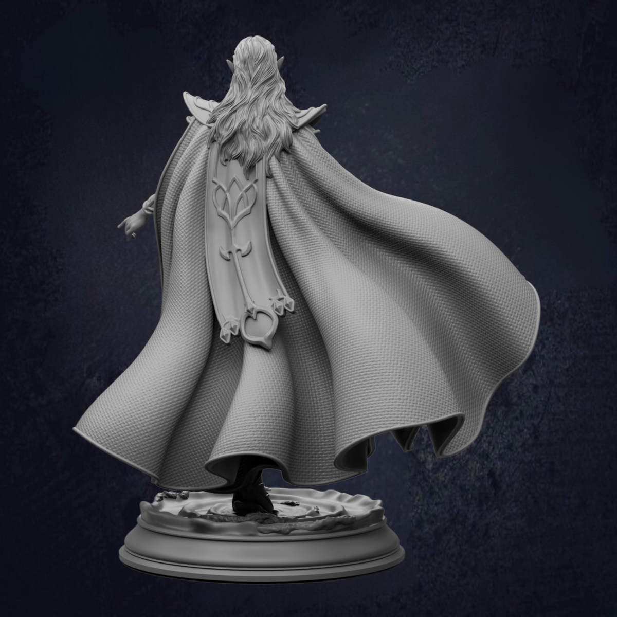 A detailed 3D model of a figure wearing a flowing cape, standing on a platform against a dark background.