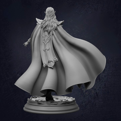 A detailed 3D model of a figure wearing a flowing cape, standing on a platform against a dark background.