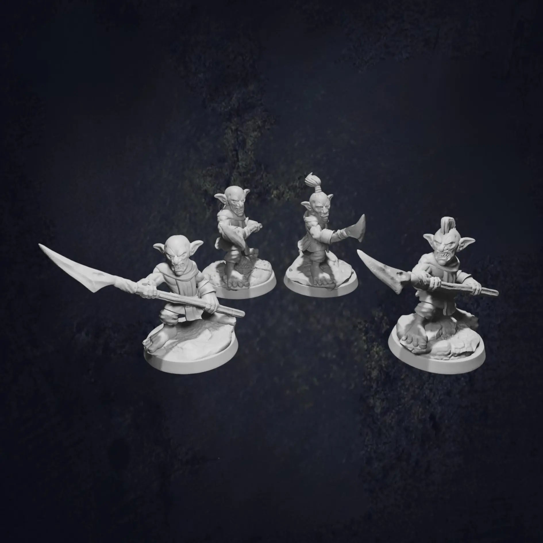 Unpainted 3D-printed resin goblin miniature wielding a spear, designed for DnD, tabletop RPGs, and wargaming. This high-quality fantasy miniature stands on a textured round base, perfect for painting and customizing in your next adventure.