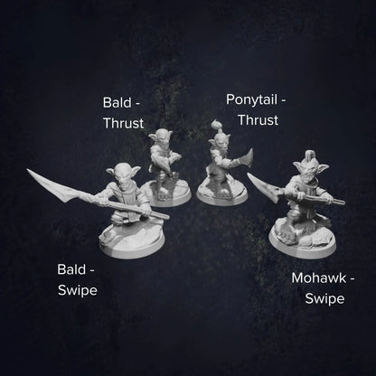 Unpainted 3D-printed resin goblin miniature wielding a spear, labeled for identification. Designed for DnD, tabletop RPGs, and wargaming, this high-quality fantasy miniature stands on a textured round base, perfect for painting and customization.