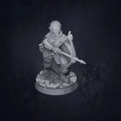 A detailed DnD miniature of a half-elf ranger in a dynamic, nature-inspired pose. The ranger is equipped with a longbow and a quiver of arrows, wearing a mix of light armor and rugged outdoor attire. Their pointed ears and graceful features reflect their elven heritage, while their focused expression suggests their expertise in survival and tracking. The base is textured to resemble a forest floor, perfect for outdoor or wilderness encounters.