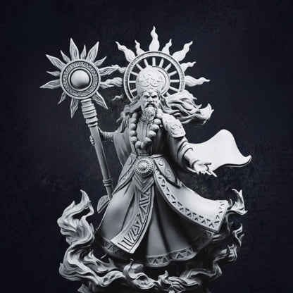 A detailed grayscale statue depicting a robed figure with a halo radiating sun rays. The figure holds a staff topped with a sun-like ornament, and its robes are intricately adorned with symbols and patterns. The base features swirling, flame-like designs, enhancing the statue's elegant and celestial aesthetic.