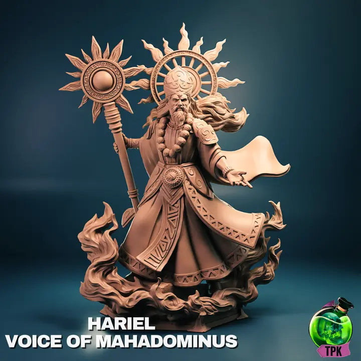 A render of a detailed miniature of a sorcerer depicting a robed figure with a halo radiating sun rays. The figure holds a staff topped with a sun-like ornament, and its robes are intricately adorned with symbols and patterns. The base features swirling, flame-like designs, enhancing the statue's elegant and celestial aesthetic.
