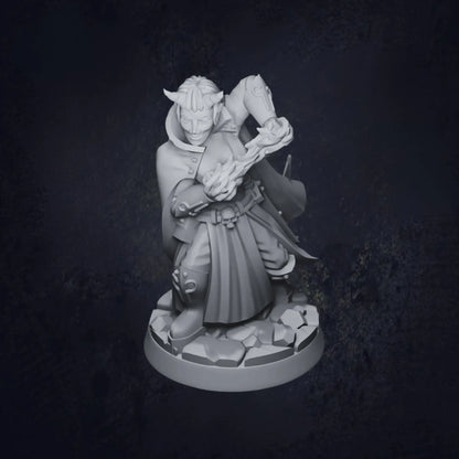 A finely crafted DnD miniature of a horned mage, standing in a powerful spellcasting pose. The mage is adorned in ornate robes with mystical symbols and arcane designs. Two prominent horns protrude from their head, suggesting a tie to infernal or otherworldly powers. They wield a staff with a glowing crystal or arcane orb, indicating their mastery of magic. The figure radiates an air of mystery and magical potency, perfect for sorcerous or dark-themed campaigns.