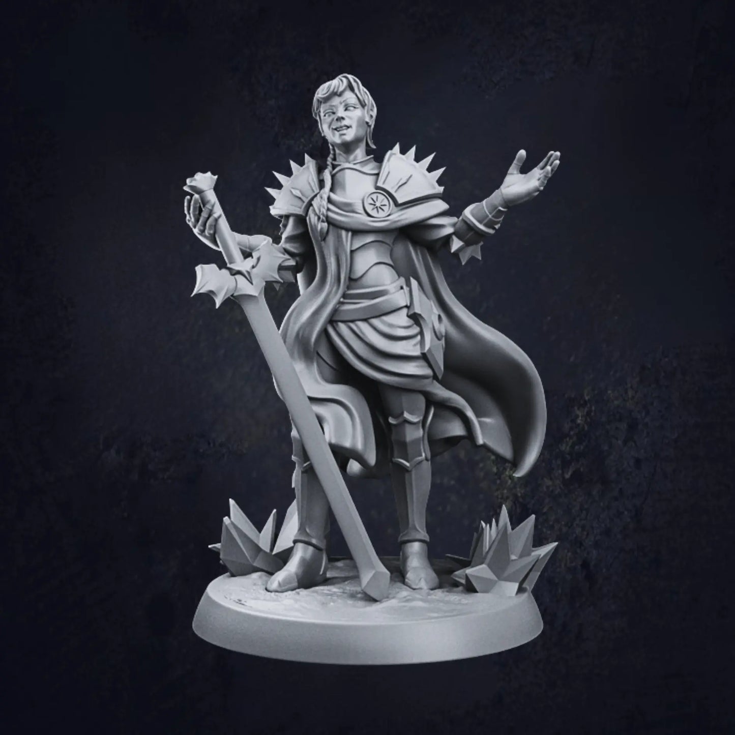A 3D-printed fantasy miniature of a confident female paladin in ornate armor, holding a large sword with an outstretched hand. Cloak flowing, posed on a textured base.