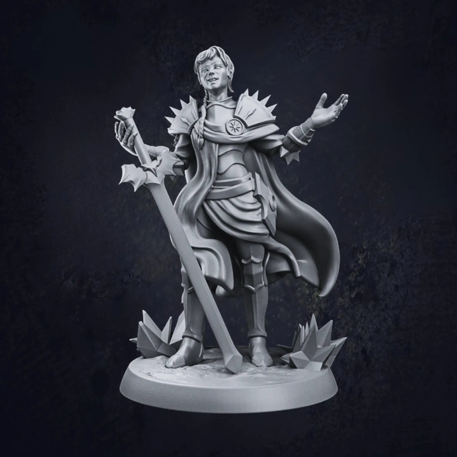 A 3D-printed fantasy miniature of a confident female paladin in ornate armor, holding a large sword with an outstretched hand. Cloak flowing, posed on a textured base.