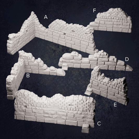 A group of ruined walls, with different shapes, sizes and battle damage shown. Including some holes  and a range of different size stones