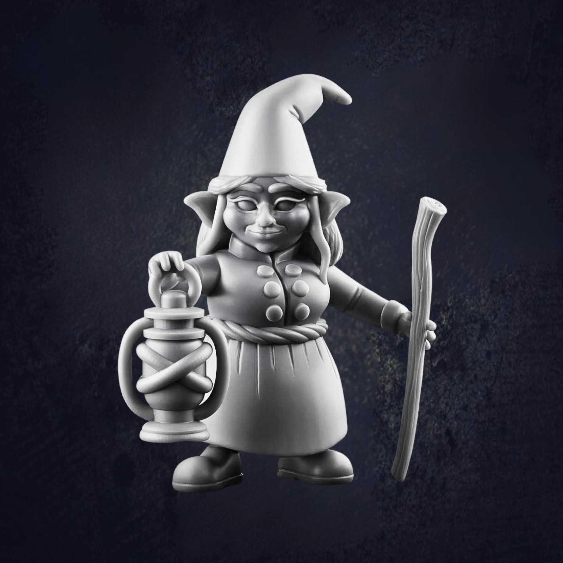 Female gnome guide wearing wintery elven outfit carrying a lantern and walking stick. 