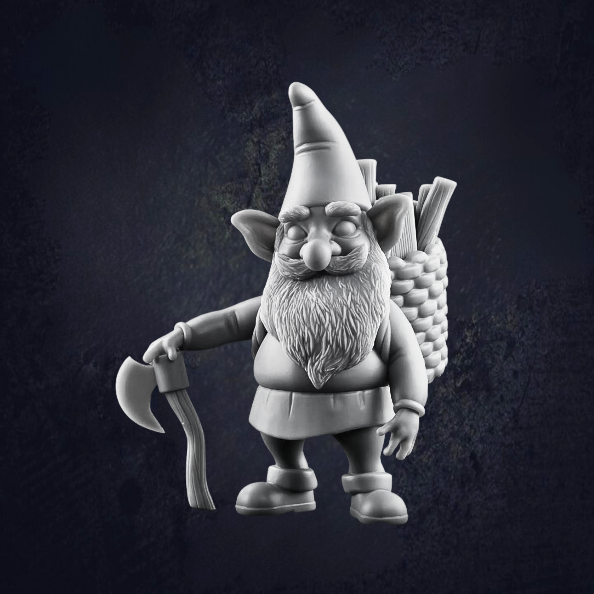 Gnome woodcutter using his axe as a leaning post, while carrying logs in a basket on his back. Wearing a typical winter elven outfit.