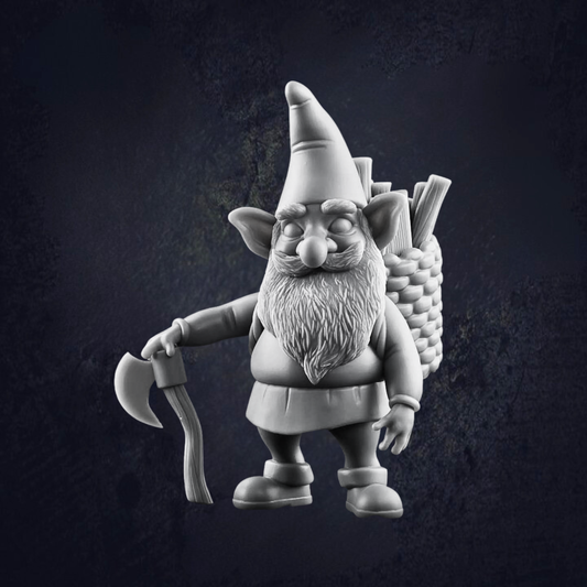 Gnome woodcutter using his axe as a leaning post, while carrying logs in a basket on his back. Wearing a typical winter elven outfit.