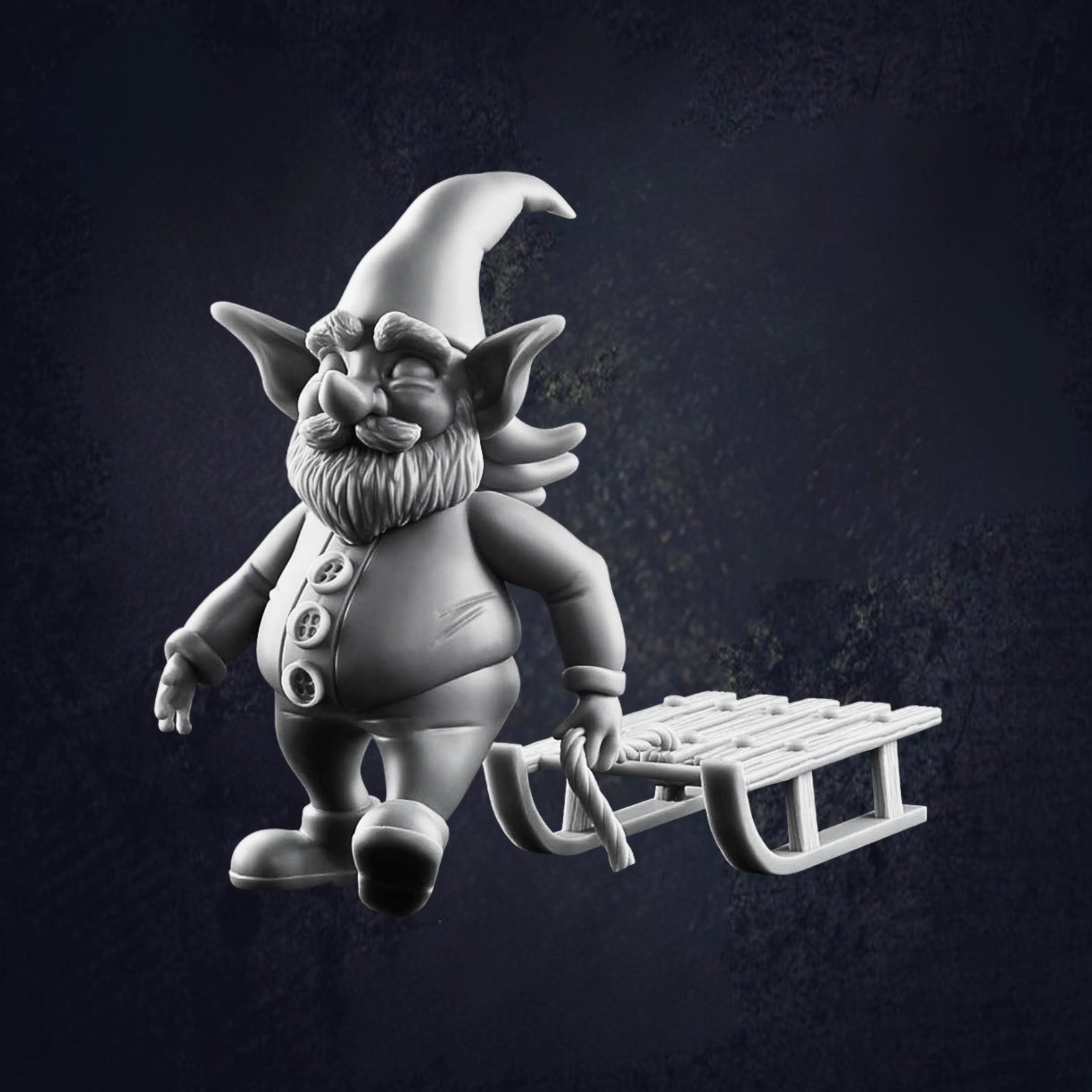 Gnome with typical winter elf outfit pulling a sled behind him.