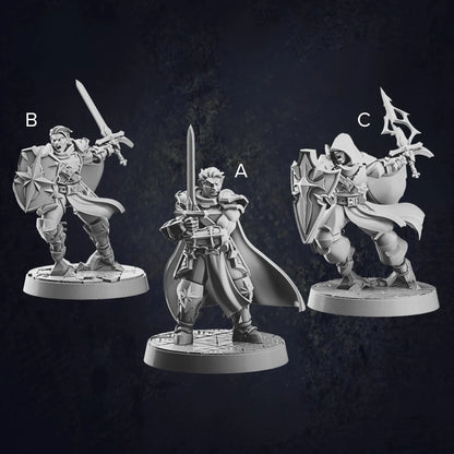 A labelled image of three male human paladin miniatures at 32mm scale designed by Cast N Play, each on 30mm bases. The first paladin is holding a sword with both hands, ready for combat. The second paladin stands in a battle pose, holding a sword and shield, displaying a defensive stance. The third paladin, also in a battle pose, is hooded and holds a sword and shield, with a more mysterious and vigilant appearance.