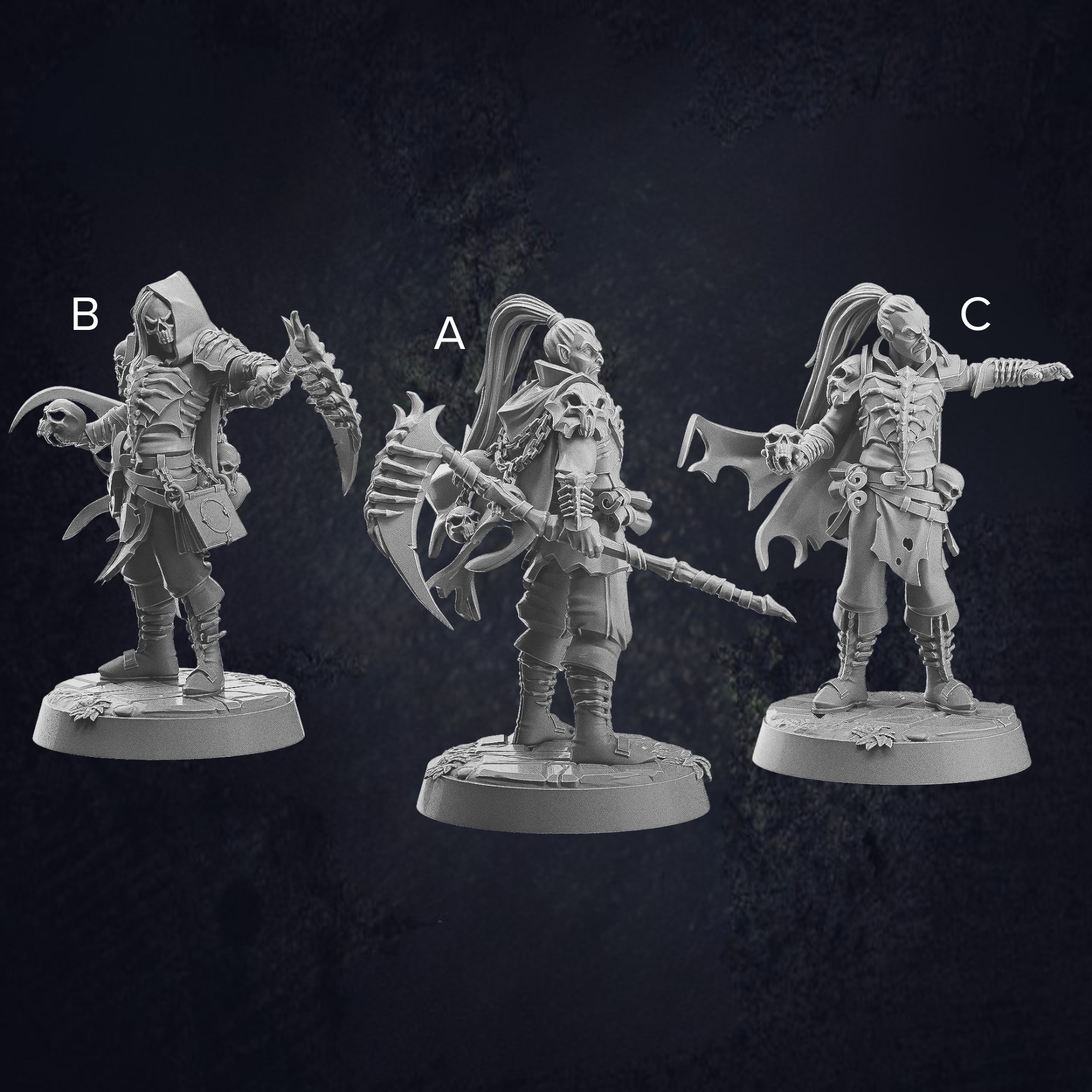 A labelled image of miniature figurines of dark fantasy characters, suitable for undead or vampire warriors, each posed menacingly. The figures wear gothic-style armor with intricate details, capes, and accessories. One wields a jagged scythe, another holds a massive, spiked axe, and the third gestures dramatically with a flared cloak. Their designs include skull motifs, tattered clothing, and fierce expressions, enhancing their eerie and powerful presence. Each stands on a textured round base.