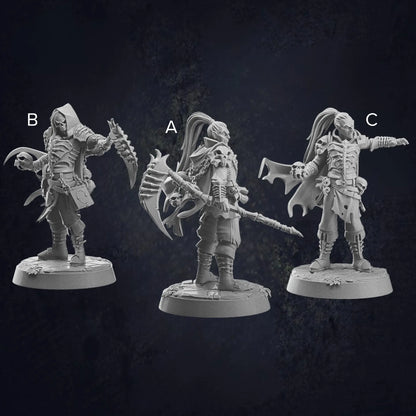 A labelled image of miniature figurines of dark fantasy characters, suitable for undead or vampire warriors, each posed menacingly. The figures wear gothic-style armor with intricate details, capes, and accessories. One wields a jagged scythe, another holds a massive, spiked axe, and the third gestures dramatically with a flared cloak. Their designs include skull motifs, tattered clothing, and fierce expressions, enhancing their eerie and powerful presence. Each stands on a textured round base.