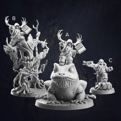 A labelled image of three dwarf druid miniatures, each with unique poses and nature-themed details. The first dwarf is perched atop a large frog, with a confident stance, embodying a bond with nature. The second dwarf is merged with a treant, standing tall with the tree's branches forming a protective canopy around them. The third dwarf stands on a rock, holding a staff, exuding a powerful connection to the natural world, ready for action."