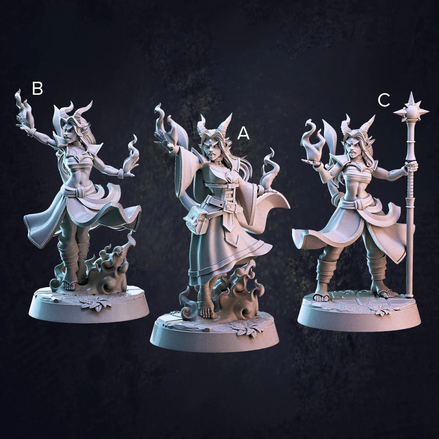 A labelled image of three unpainted 32mm scale miniature figurines of female Tiefling sorcerers, designed by Cast N Play. Each figure is posed dynamically, wielding magical energy or holding ornate staffs. They feature intricate details, including flowing robes, arcane accessories, and expressive faces. Their tails and horns add to their infernal appearance, and they stand on 25mm round bases with textured surfaces.