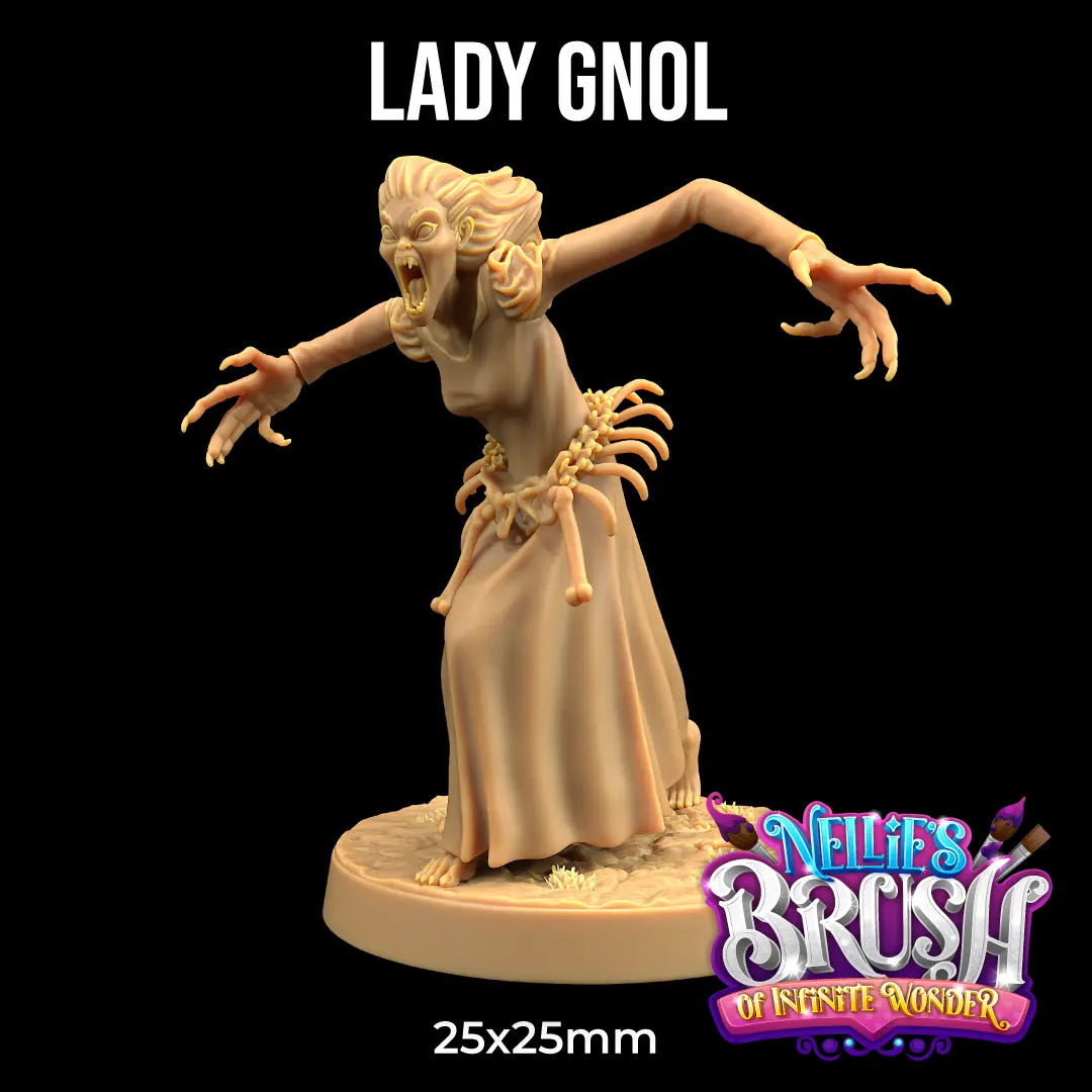 image of a banshee-like DnD miniature named "Lady Gnol" with skeletal accessories and a haunting pose, standing on a 25x25mm base.