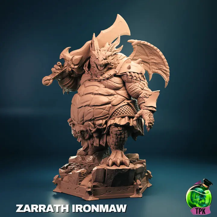 A render of a highly detailed 3D-printed miniature of a dragonborn barbarian, designed for tabletop RPGs. This fearsome figure features a bulky, muscular dragon-like humanoid with a toothy grin, large wings, and horns. It wields a massive cleaver-like weapon resting on its shoulder and is clad in rugged armor with a battle-worn skirt. The model stands atop a textured, rocky base, ideal for painting and customisation.