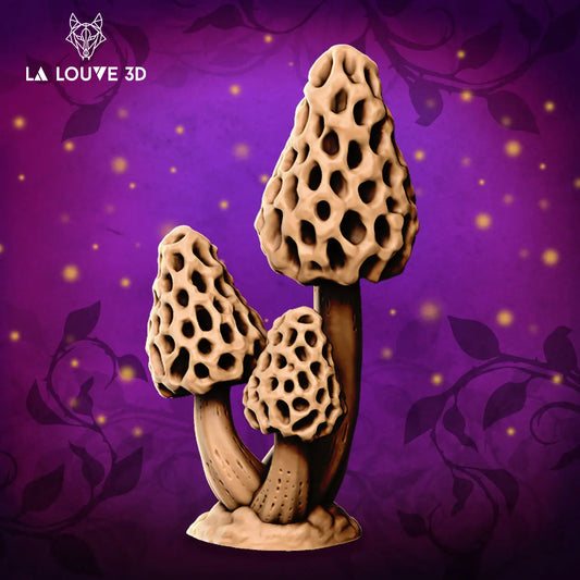 A 3D Printed miniature of a large cluster of 3 morel mushrooms, ideal for use in tabletop gaming, RPG games and D&D scenery. They can be used to make a large mushroom forest for the characters to get lost in, or to emphasise a specific region which may have made these mushrooms tower so much taller than usual.