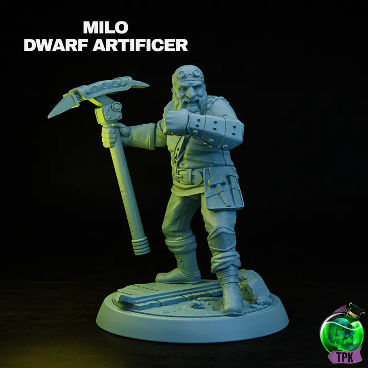 A render of a 3D-printed model of a Dwarven Artificer, standing on a circular base with one foot raised on a platform. The figure wields a large hammer in one hand and features a mechanical arm with visible rivets and joints. Wearing a detailed outfit adorned with pouches, knee pads, and a tool belt, the artificer's robust design highlights intricate craftsmanship and industrial flair. 