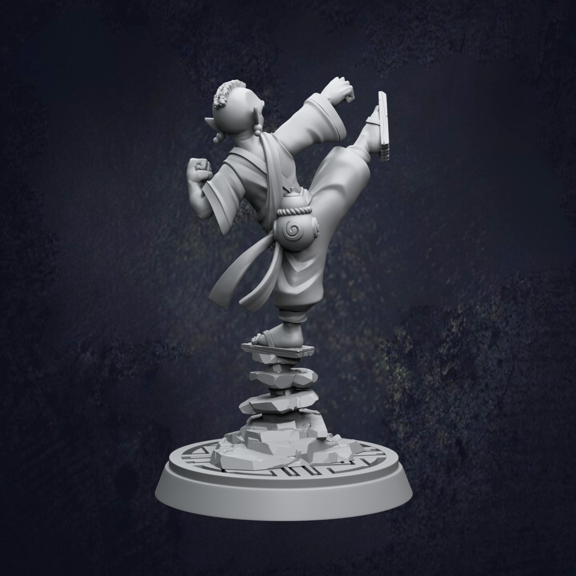 A 3D rendering of a character in a fighting stance, with one leg raised and the other bent at the knee, standing on a platform with a stack of blocks.