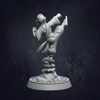 A 3D rendering of a character in a fighting stance, with one leg raised and the other bent at the knee, standing on a platform with a stack of blocks.