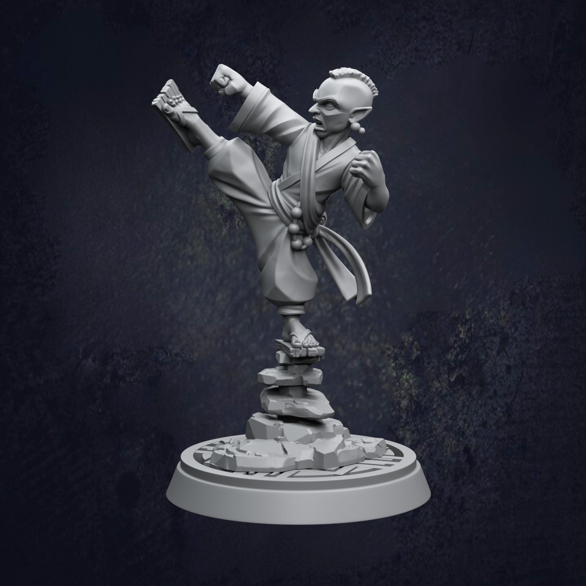 A 3D model of a person in a fighting stance, with one leg raised and the other bent at the knee, standing on a platform with a circular base.