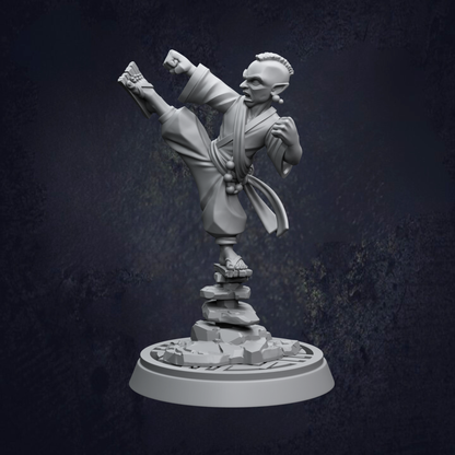 A 3D model of a person in a fighting stance, with one leg raised and the other bent at the knee, standing on a platform with a circular base.