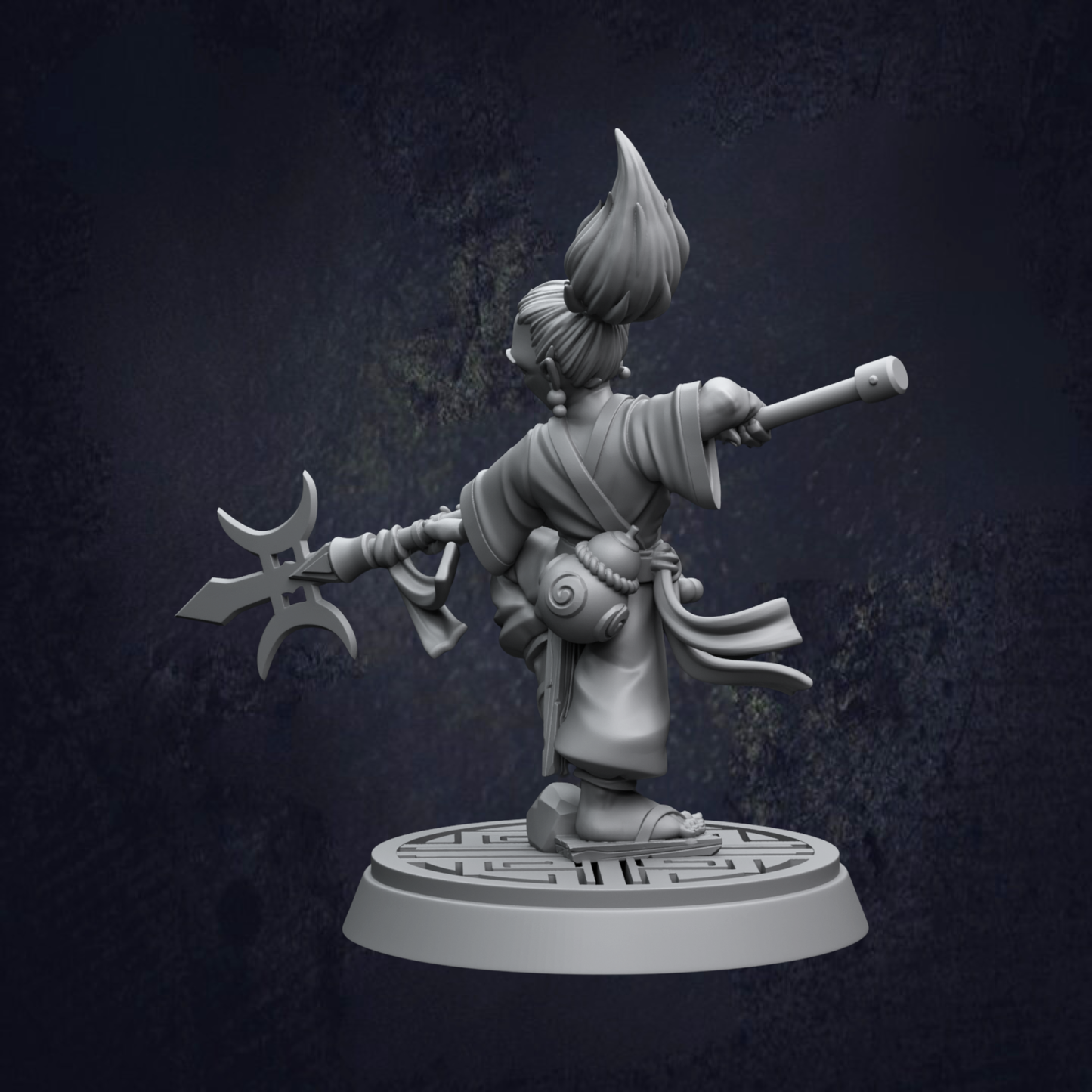 A 3D model of a character with a large weapon, standing on a platform with a geometric pattern.