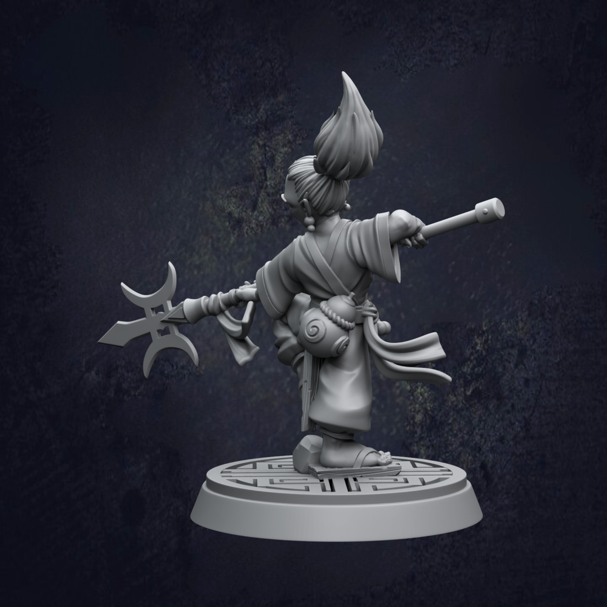 A 3D model of a character with a large weapon, standing on a platform with a geometric pattern.
