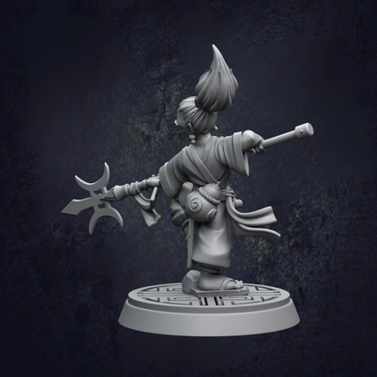 A 3D model of a character with a large weapon, standing on a platform with a geometric pattern.