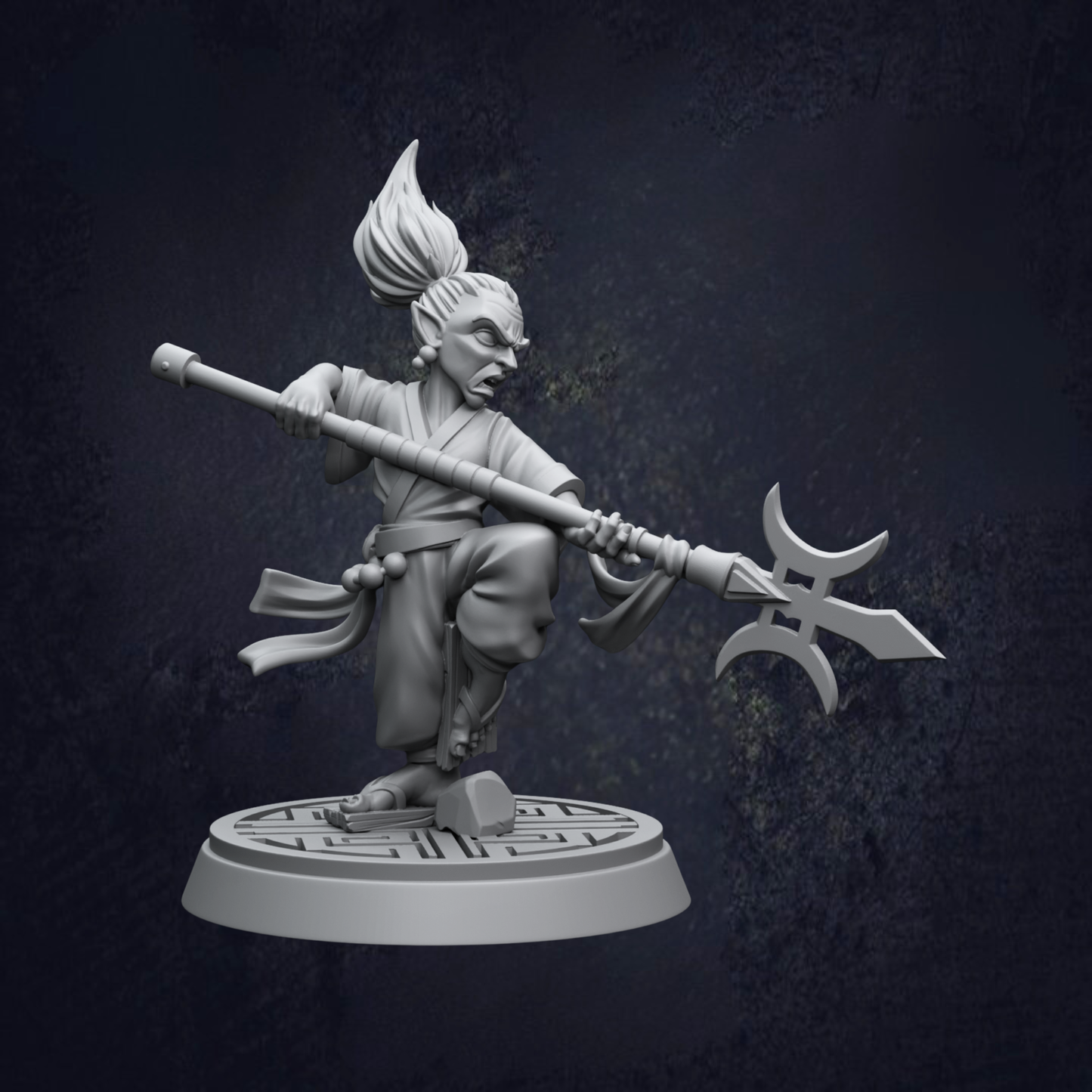 A 3D model of a warrior figure holding a spear and sword, standing on a platform with a geometric pattern.