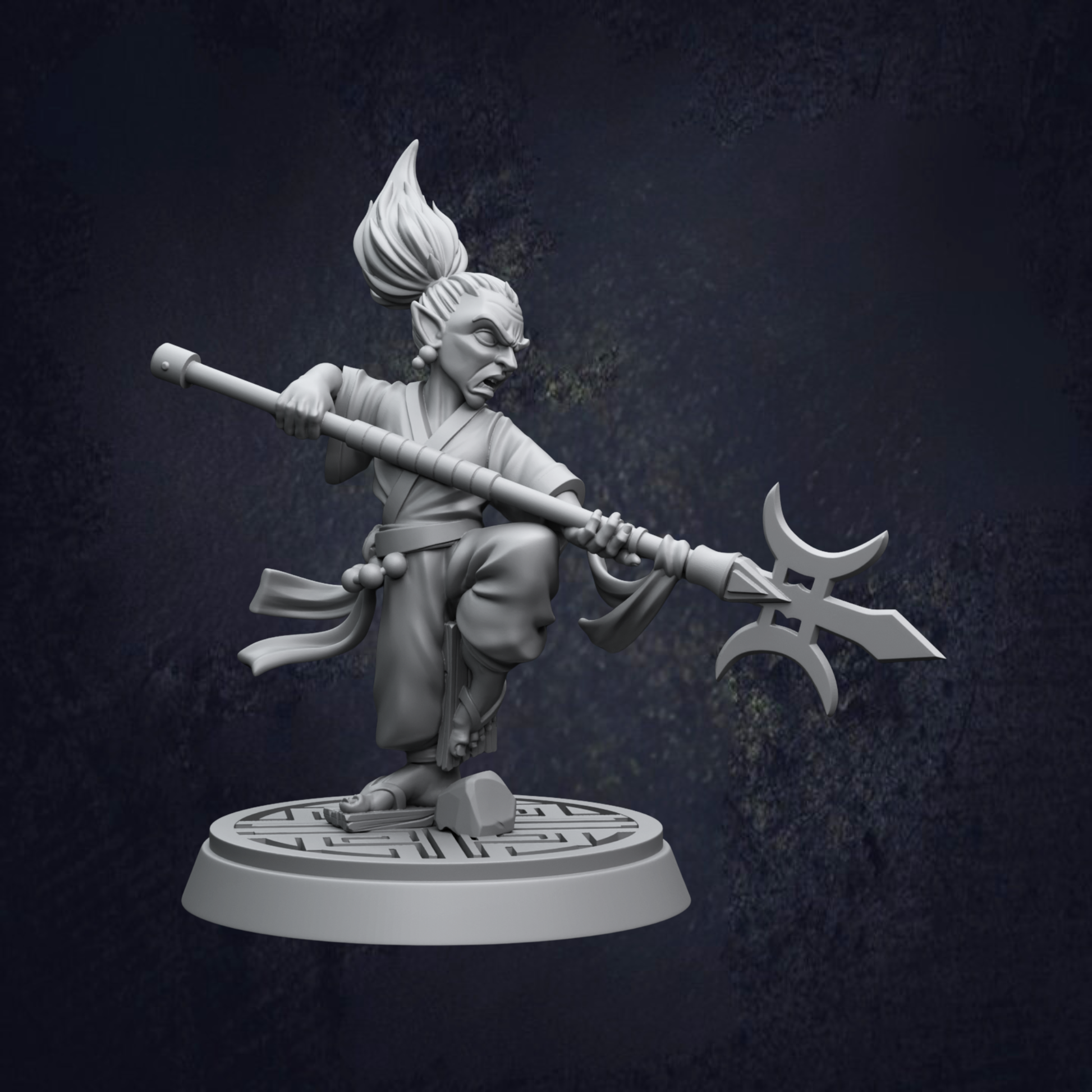 A 3D model of a warrior figure holding a spear and sword, standing on a platform with a geometric pattern.