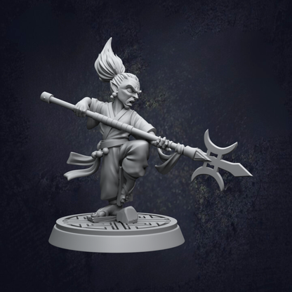 A 3D model of a warrior figure holding a spear and sword, standing on a platform with a geometric pattern.