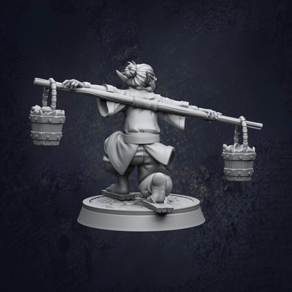 A 3D rendering of a person balancing two baskets on a stick, with one basket on each side of the stick.