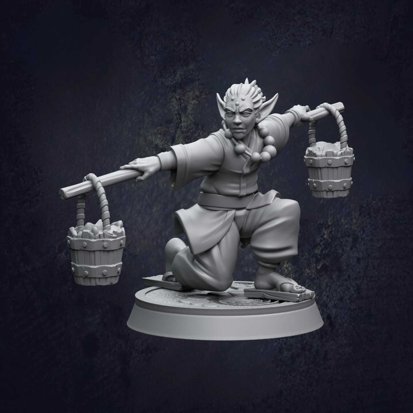 A 3D model of a character with a large head, holding two baskets on either side of their body, and a long staff in their hands.