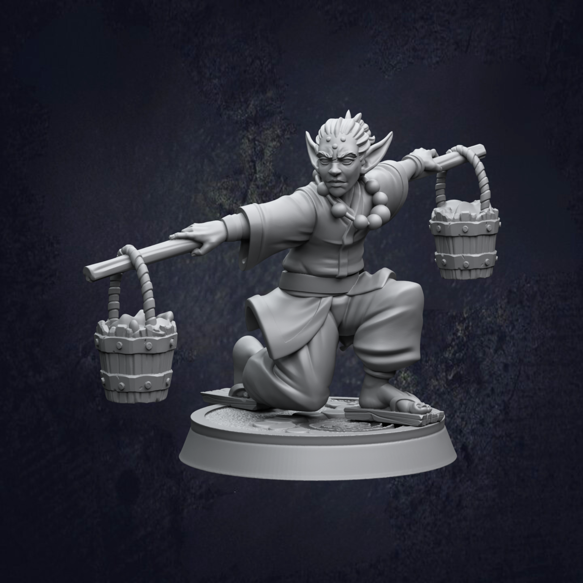 A 3D model of a character with a large head, holding two baskets on either side of their body, and a long staff in their hands.