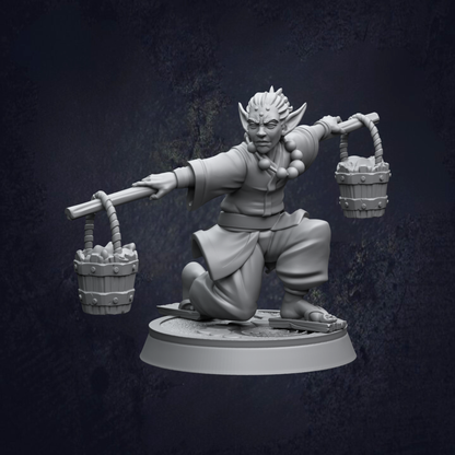 A 3D model of a character with a large head, holding two baskets on either side of their body, and a long staff in their hands.