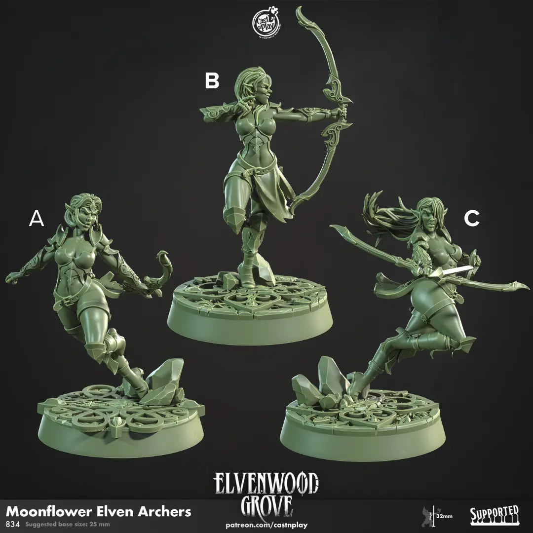 A detailed set of DnD miniatures featuring a unit of skilled elven archers, each posed in various battle-ready stances. The figures wear intricately designed armor with elegant, nature-inspired details, complemented by flowing cloaks and refined elven craftsmanship. Each archer holds a finely crafted bow, with some drawing arrows while others stand in vigilant readiness. Their pointed ears and graceful features emphasize their elven lineage. The bases are textured to resemble elven terrain