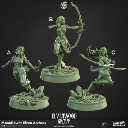 A detailed set of DnD miniatures featuring a unit of skilled elven archers, each posed in various battle-ready stances. The figures wear intricately designed armor with elegant, nature-inspired details, complemented by flowing cloaks and refined elven craftsmanship. Each archer holds a finely crafted bow, with some drawing arrows while others stand in vigilant readiness. Their pointed ears and graceful features emphasize their elven lineage. The bases are textured to resemble elven terrain