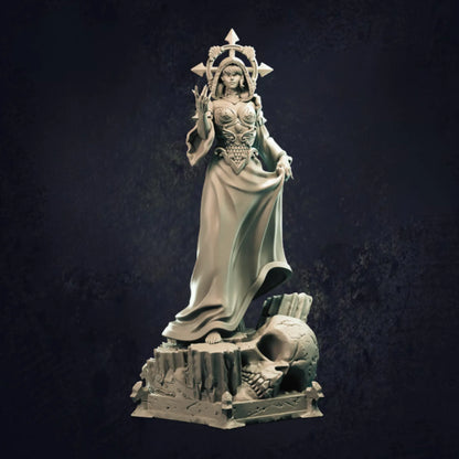A female sorcerer stands on a base featuring a large skull, exuding mystical power. She is adorned in an elaborate gown with intricate patterns, complemented by a striking cross-shaped headdress. One hand is raised in a commanding gesture, evoking her mastery of magic and mystery.