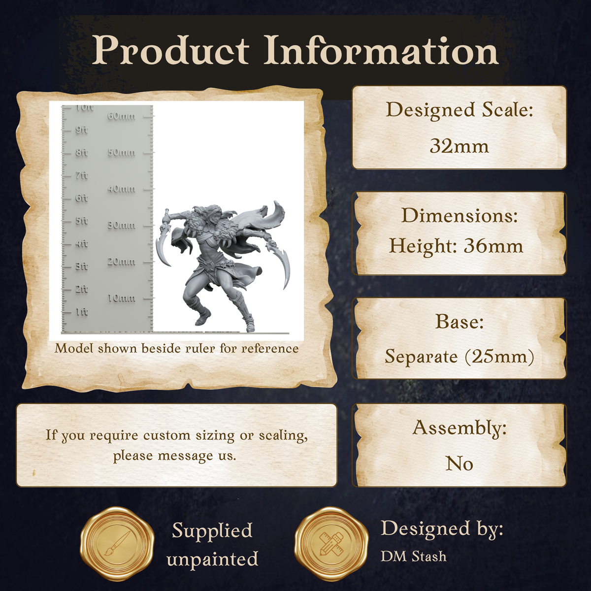 Nara_zin Drow Rogue 32mm Product Information displaying height of 36mm, base at 25mm and at 32mm scale