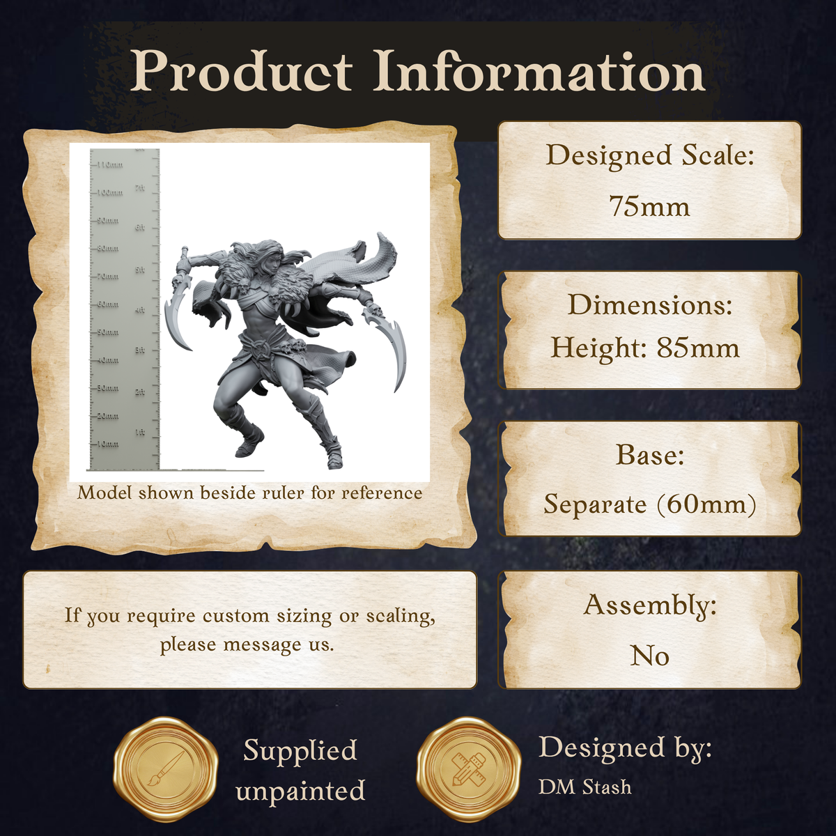 Nara_zin Drow Rogue 32mm Product Information displaying height of 85mm, base at 60mm and at 75mm scale