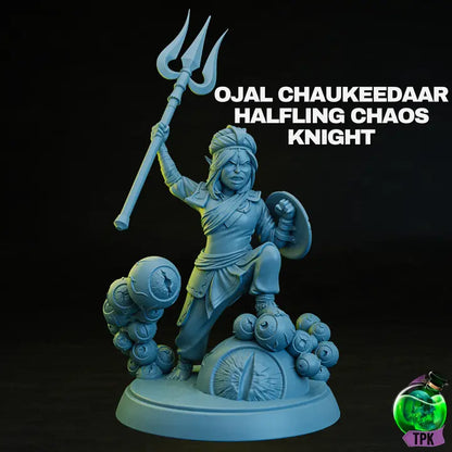 A 3D-printed miniature designed by TPK Labs, depicting a halfling chaos knight holding a trident and shield, with a base adorned with sculpted eyeballs for a fantastical and eerie effect."
