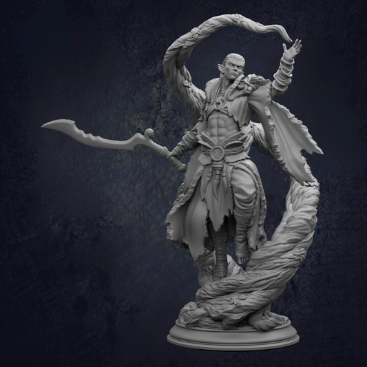 A monochrome fantasy warrior miniature or 3D-printed figurine standing on a circular base, holding a curved sword and draped fabric, photographed against a dark textured studio background.